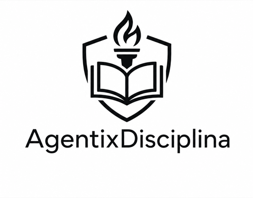 The AgentixDisciplina logo: a black line drawing of a shield holding an open book, with a lit torch rising behind the pages, and the word AgentixDisciplina underneath.